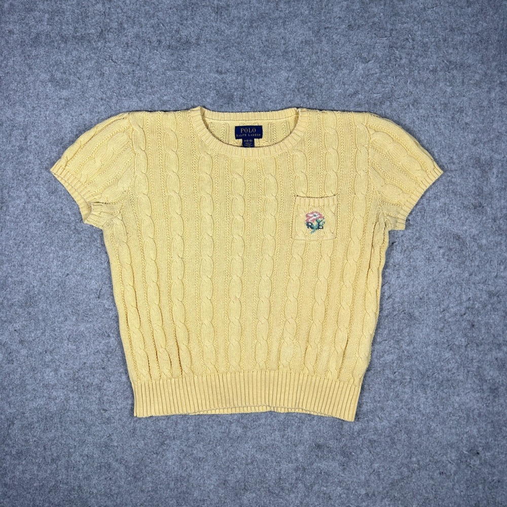 Polo Ralph Lauren Short Sleeve Sweater Girls M(8-10) Yellow Cable Knit Floral